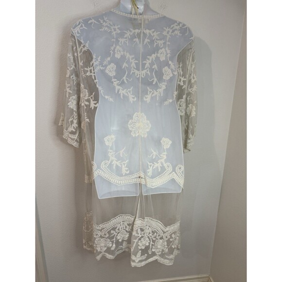 Dizzy Gal Lace Kimono Duster Cover Up Top Long Line Size 1X Ivory Festival Girly - Picture 3 of 7